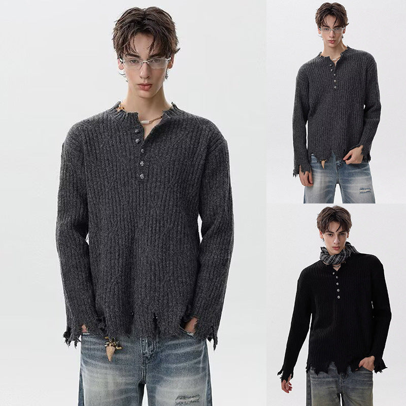 Men's Casual Chunky Knit Sweater with Button Placket and Frayed Hem Mune Fashion