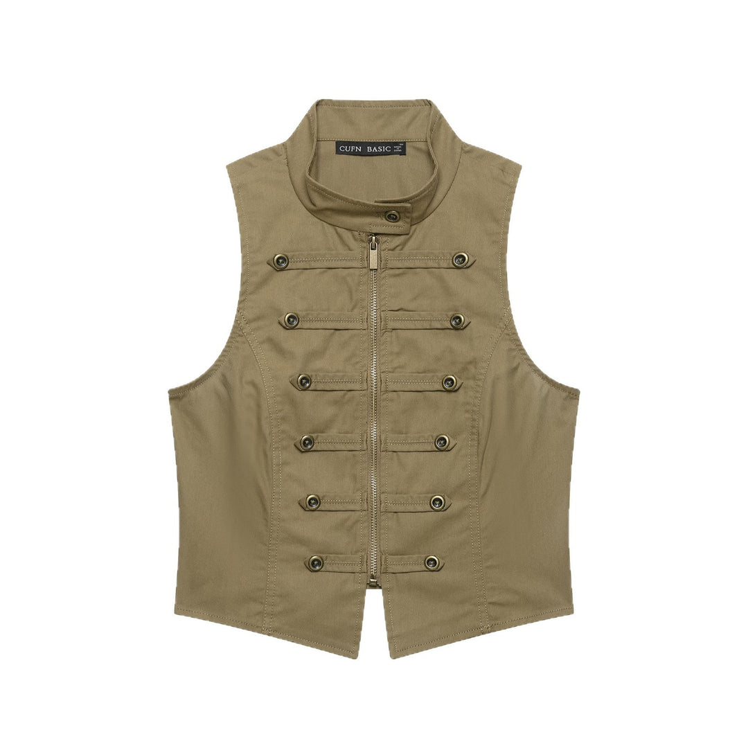 Ladies Tailored Canvas Vest with Front Zipper and Decorative Button Ribbons Mune Fashion