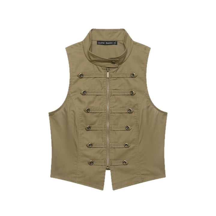 Ladies Tailored Canvas Vest with Front Zipper and Decorative Button Ribbons Mune Fashion
