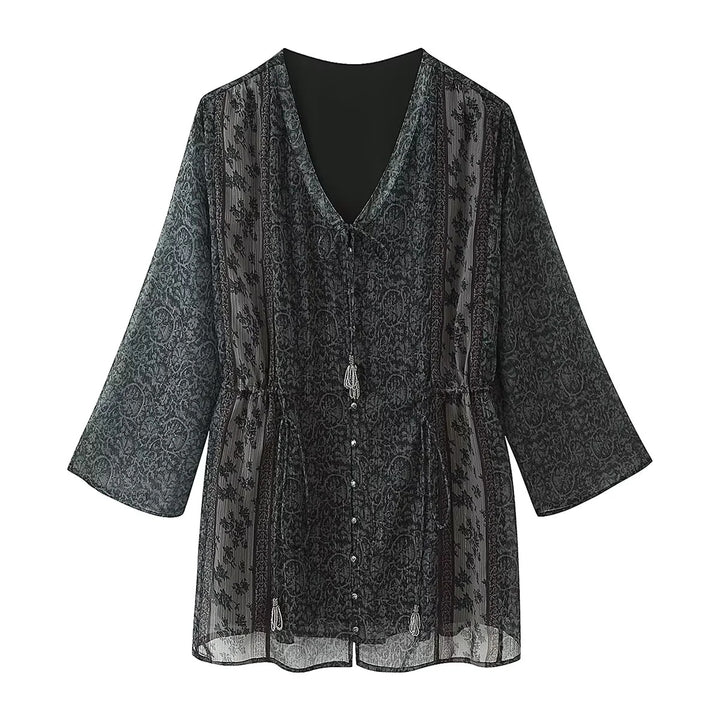 Women's sheer Paisley chiffon tunic with V-neck, drawstring and pearl detail Mune Fashion