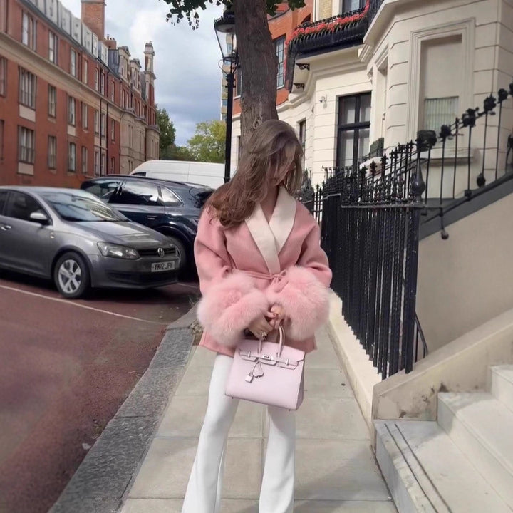 Women's short coat with wide shawl collar, belt and fur cuffs Mune Fashion
