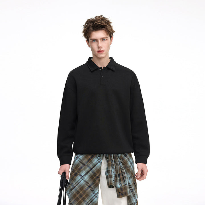 Men's Oversized Waffle Structure Polo Sweater with Half Button Placket and Ribbed Cuffs Mune Fashion