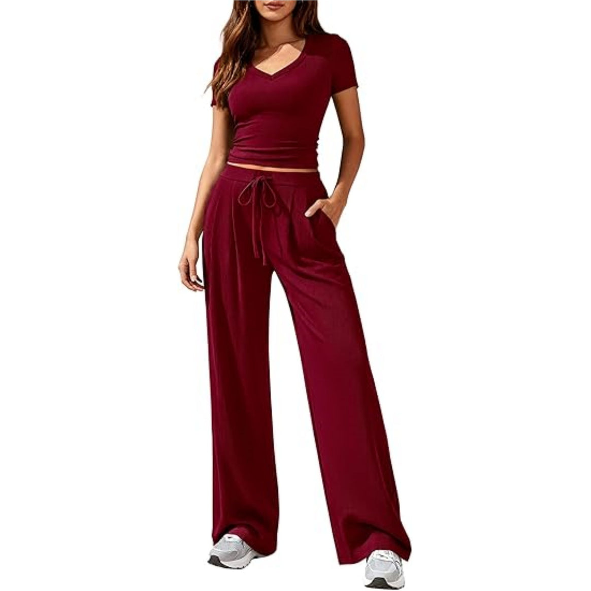 Ladies Casual Lounge Set with Tailored V-Neck Cropped Top and Loose Drawstring Pants Mune Fashion
