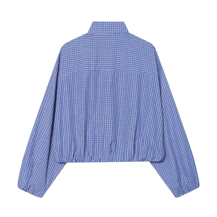 Women's Checkered Cropped Shirt with Stand Collar, Drawstring Hem and Balloon Sleeves Mune Fashion