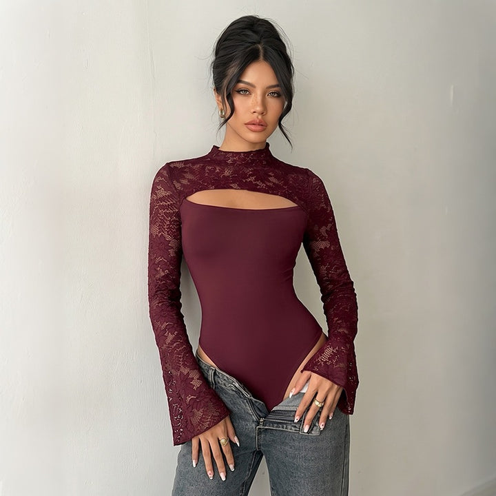 Women's lace bodysuit with cut-out, off-the-shoulder look and flared trumpet sleeves Mune Fashion
