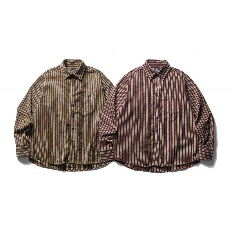 Men's Oversize Cord Shirt with Vertical Stripes, Chest Pocket and Rounded Hem Mune Fashion