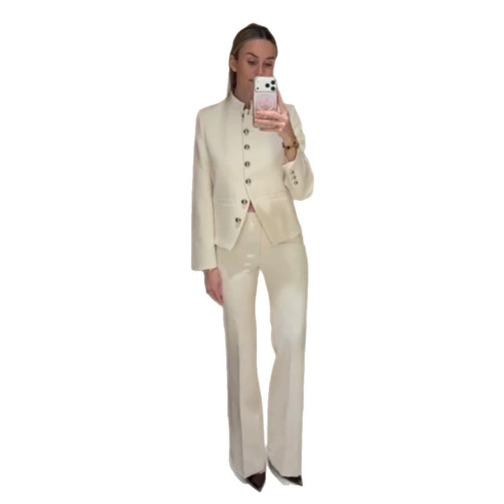 Women Tailored Blazer with Stand Collar and Silver Decorative Buttons Mune Fashion