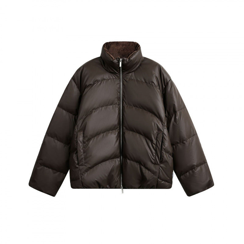Women's Cropped Padded Boxy Jacket with High Stand-Up Collar and Teddy Lining Mune Fashion