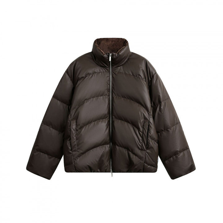 Women's Cropped Padded Boxy Jacket with High Stand-Up Collar and Teddy Lining Mune Fashion
