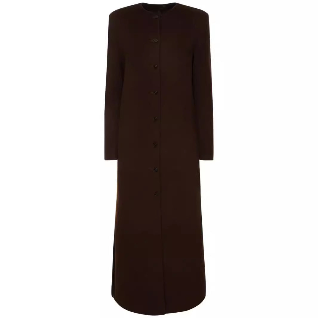 Women's Long Minimalist Stand-Up Collar Coat made of Wool Blend with Concealed Button Placket Mune Fashion
