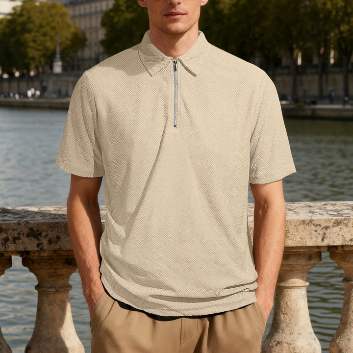 Men's slim fit half-zip polo with fine herringbone jacquard structure Mune Fashion