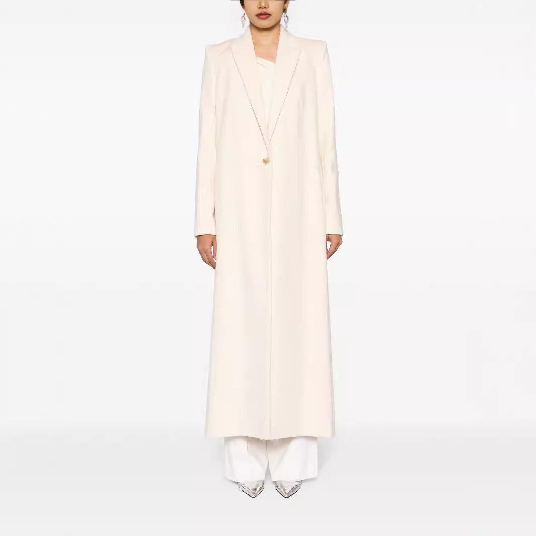 Women's Longline Wool Coat with Single Button Closure and Tailored Lapel Mune Fashion