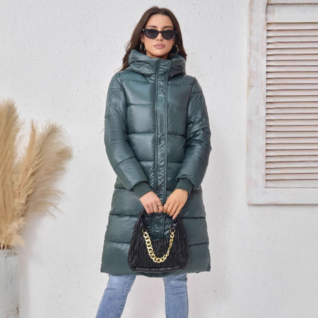 Women Long Puffer Coat with High Stand-Up Collar, Quilted Padding, and Elastic Cuffs Mune Fashion