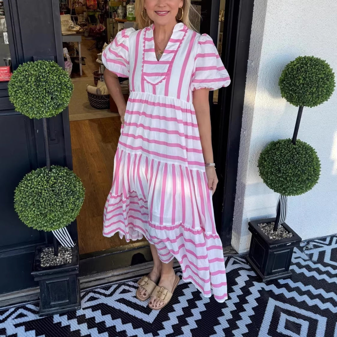 Women Striped Maxi Dress with Tiered Skirt, Ruffle Trim and Puff Sleeves Mune Fashion