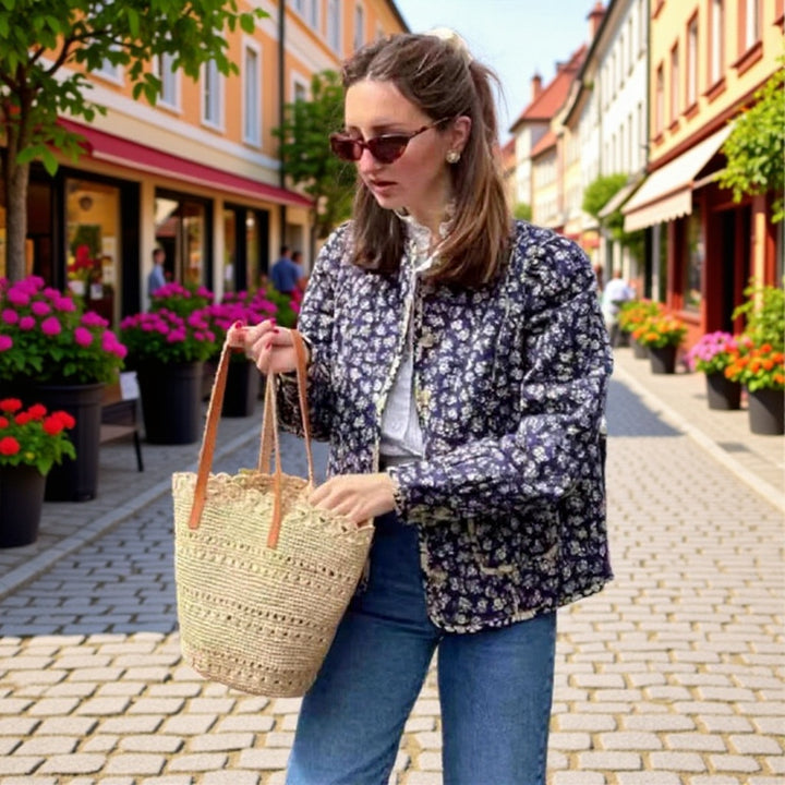 Women Braided Basket Bag made of Straw with Leather Handles and Ruffle Edge Mune Fashion