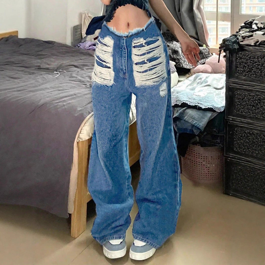 Women's high-cut wide denim jeans with heavily distressed front and raw waistband Mune Fashion