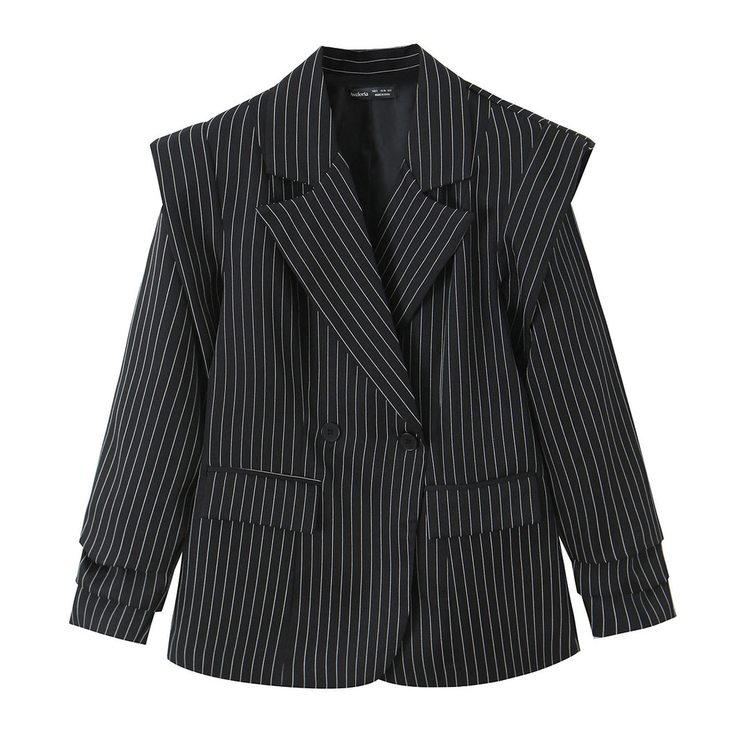 Women Double-Breasted Oversize Blazer with Distinctive Shoulder Pads and Pinstripes Mune Fashion