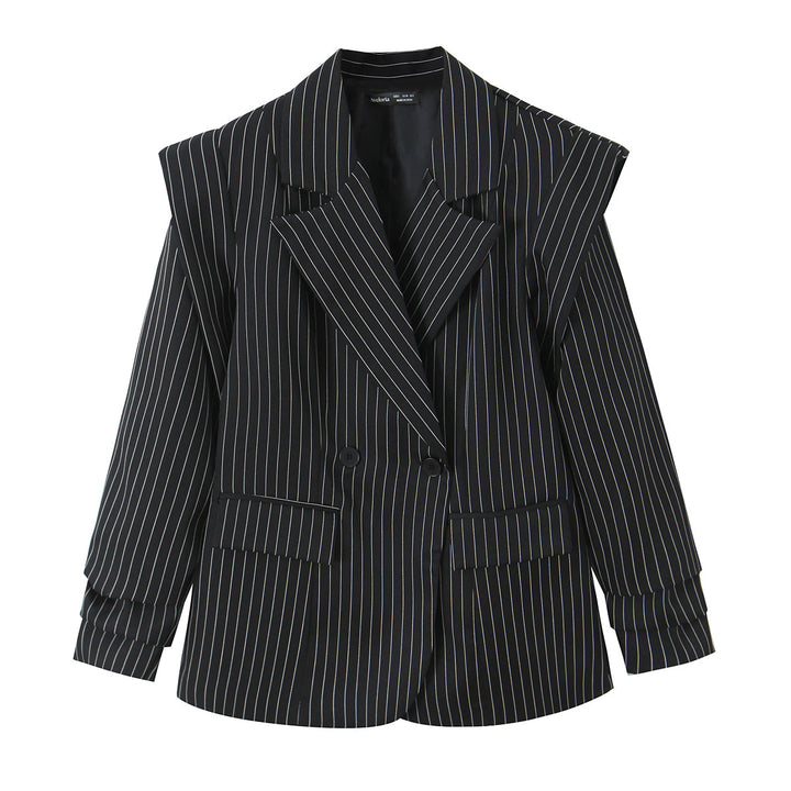 Women Double-Breasted Oversize Blazer with Distinctive Shoulder Pads and Pinstripes Mune Fashion