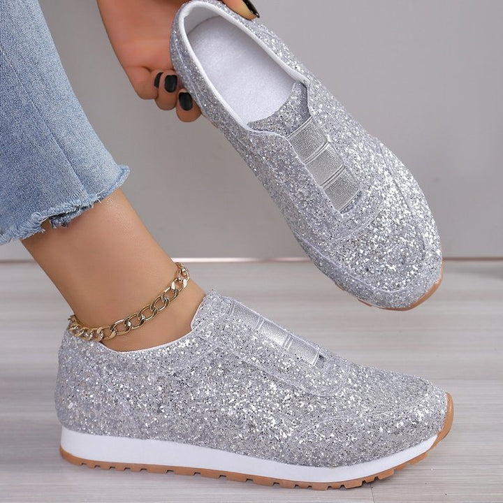 Women's glittering slip-on sneakers with elastic tongue trim, padded insole, and slip-resistant patterned sole Mune Fashion