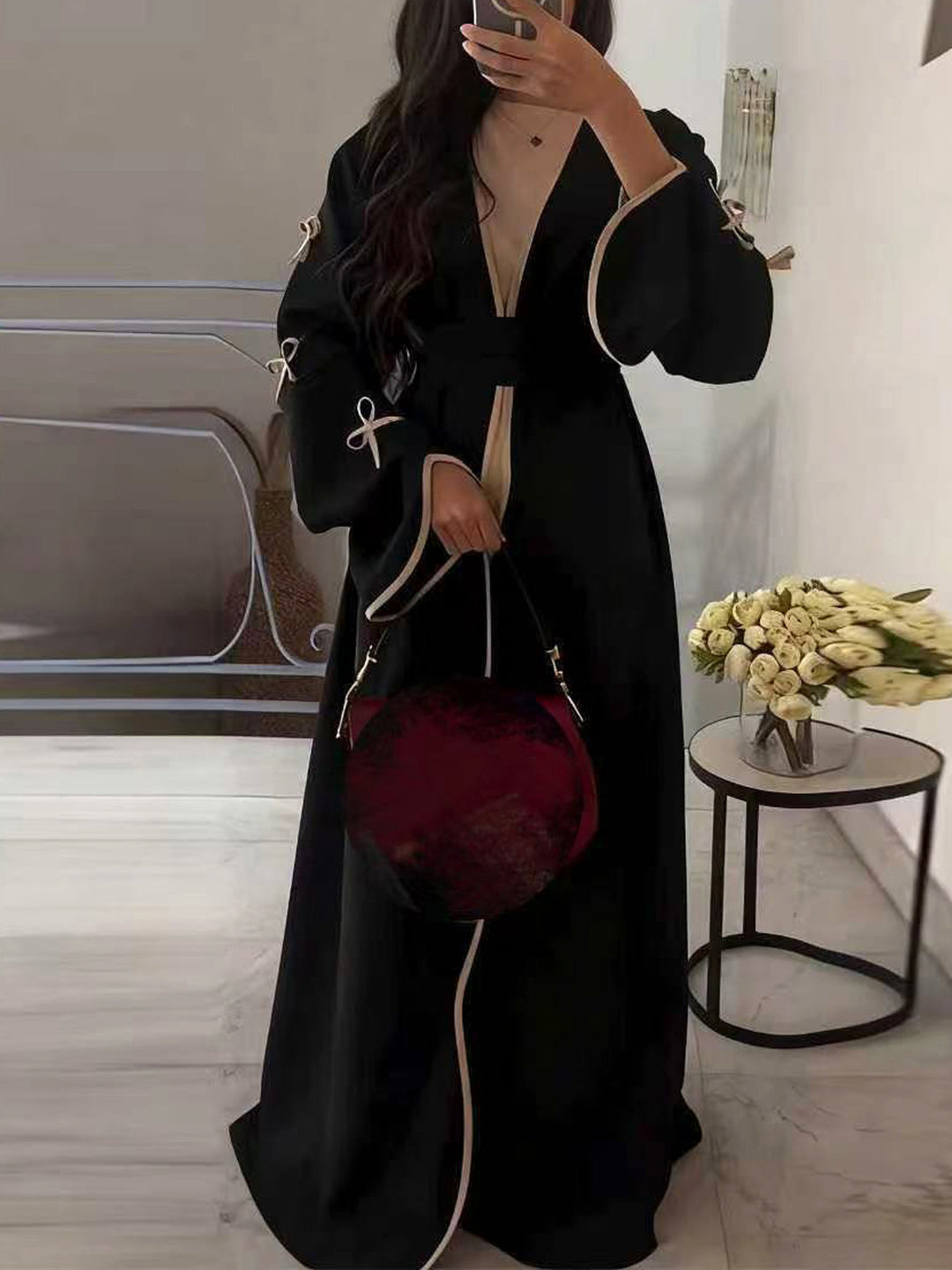 Women's elegant Abaya-Kaftan with wide trumpet sleeves, contrasting yoke and wrap belt Mune Fashion