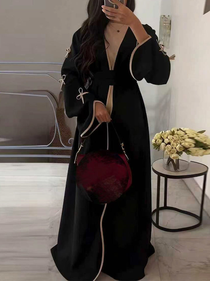 Women's elegant Abaya-Kaftan with wide trumpet sleeves, contrasting yoke and wrap belt Mune Fashion