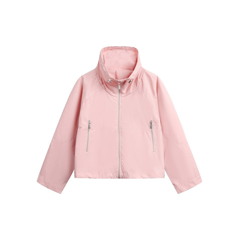 Women Lightweight Cropped Transition Jacket with High Stand Collar and Zipper Pockets Mune Fashion