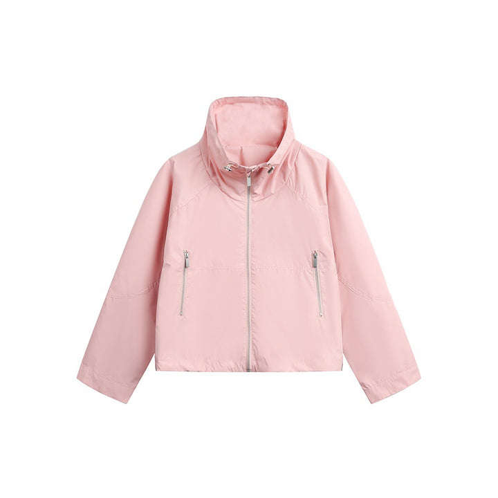 Women Lightweight Cropped Transition Jacket with High Stand Collar and Zipper Pockets Mune Fashion