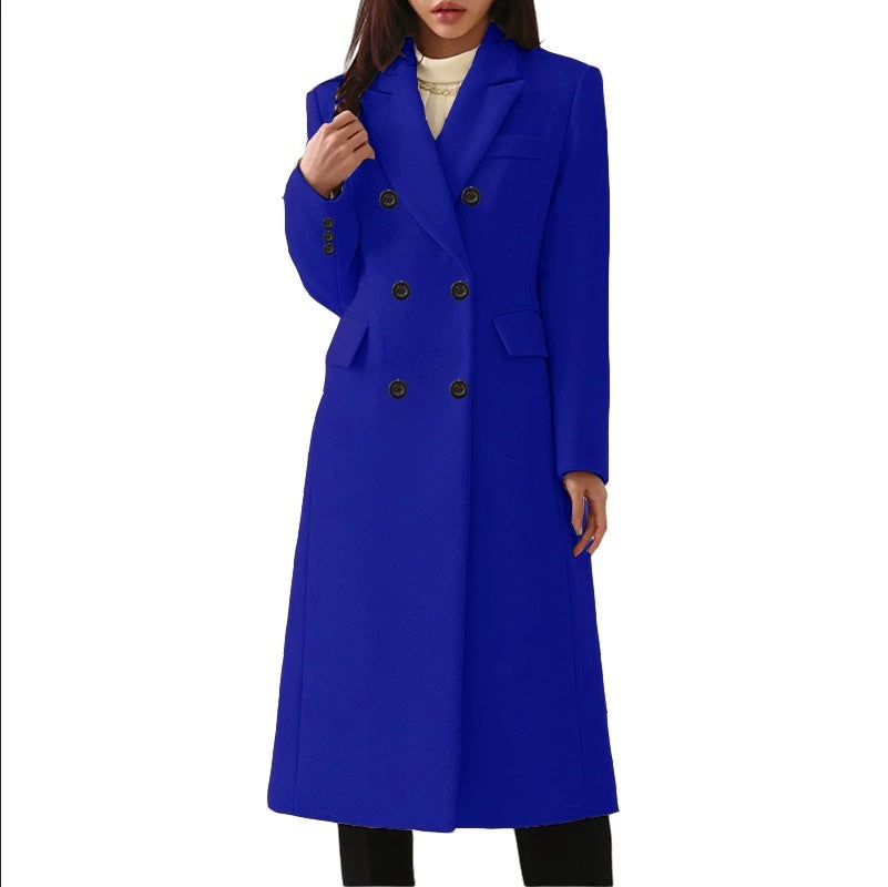 Women's longer double-breasted wool blend coat with lapel collar and patch pockets Mune Fashion
