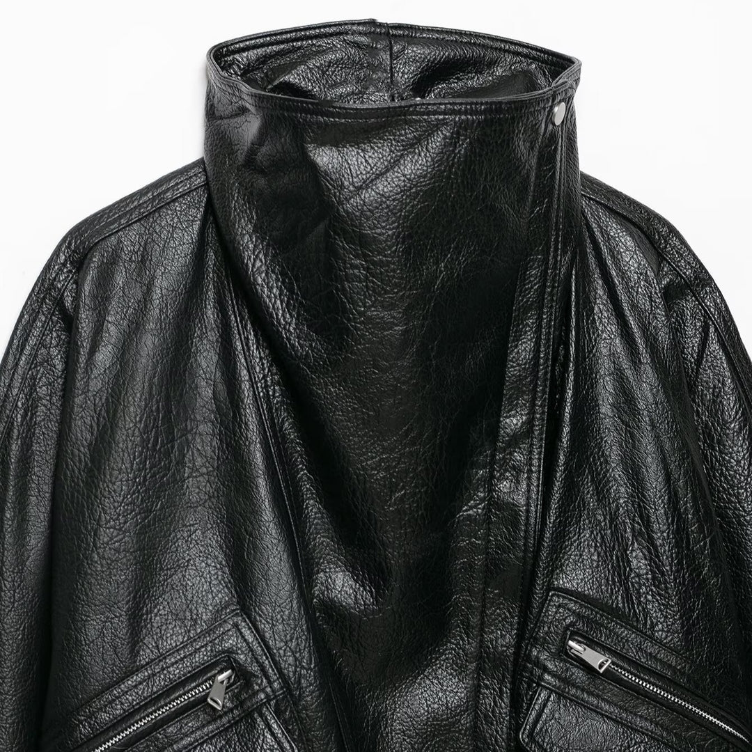 Women's Oversized Faux Leather Jacket with High Stand-Up Collar and Zipper Pockets Mune Fashion