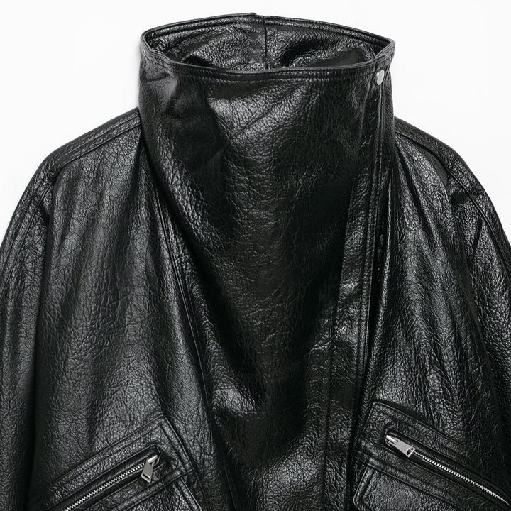 Women's Oversized Faux Leather Jacket with High Stand-Up Collar and Zipper Pockets Mune Fashion