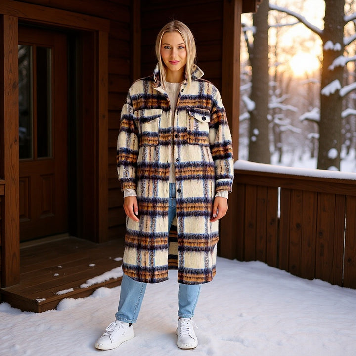 Women Longer Checked Teddy Coat in Shirt Jacket Look with Shirt Collar and Patch Pockets Mune Fashion
