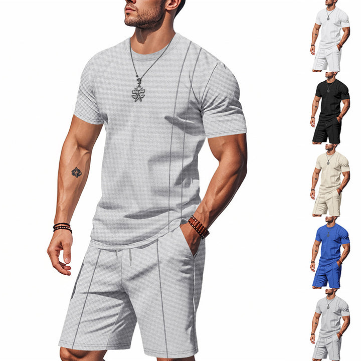Men's urban waffle jersey ensemble with contrasting decorative seams and loose Bermuda fit Mune Fashion