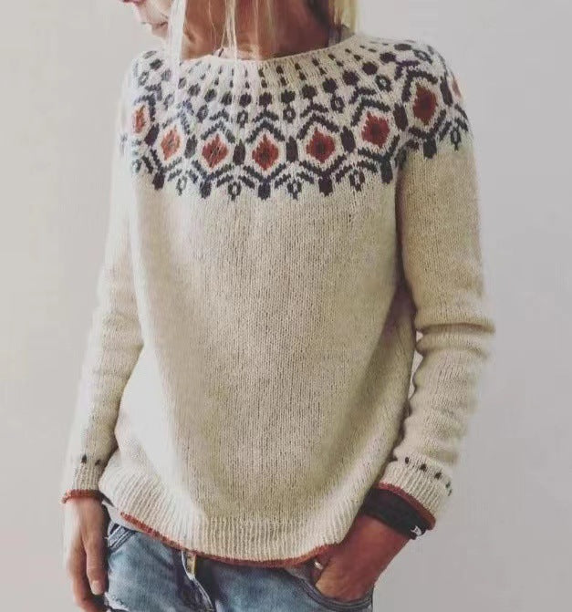 Women's patterned Norwegian knit sweater with wide round neckline and casual oversized fit Mune Fashion