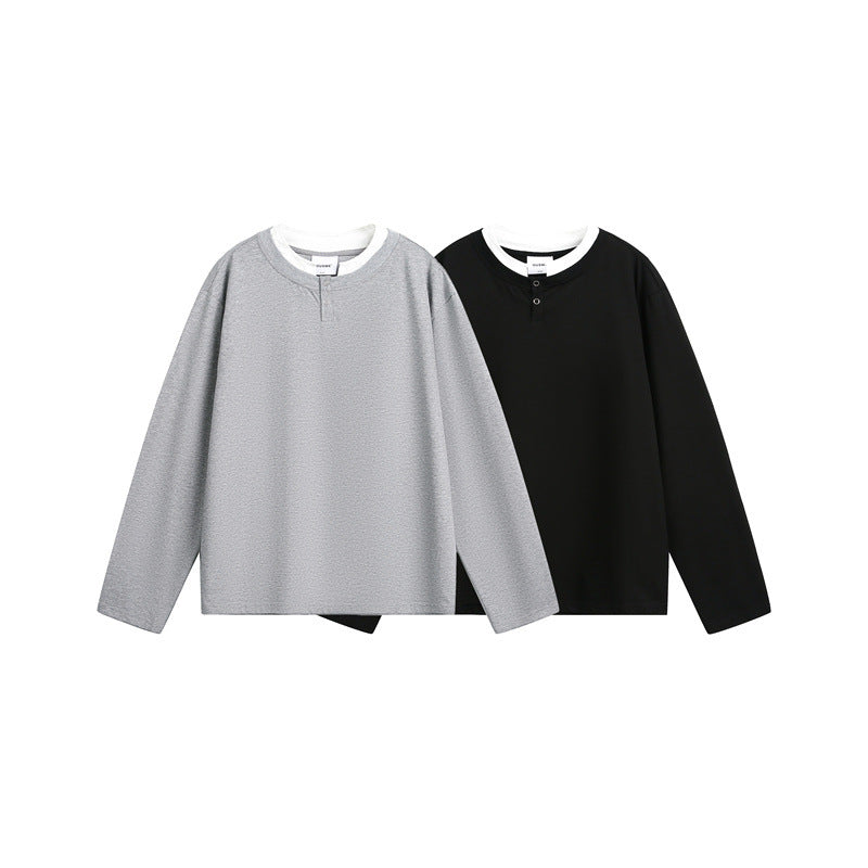 Unisex Casual Layering Henley Long Sleeve Shirt with Contrast Double Collar Mune Fashion