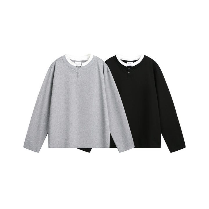 Unisex Casual Layering Henley Long Sleeve Shirt with Contrast Double Collar Mune Fashion