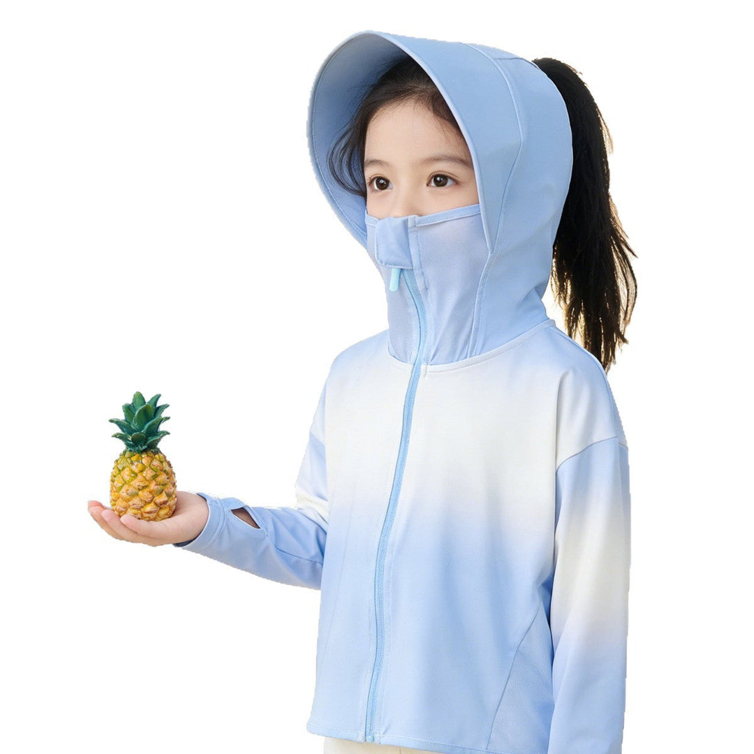 Unisex nan lightweight children's sun jacket with integrated face protection, hood shield, and ponytail opening Mune Fashion