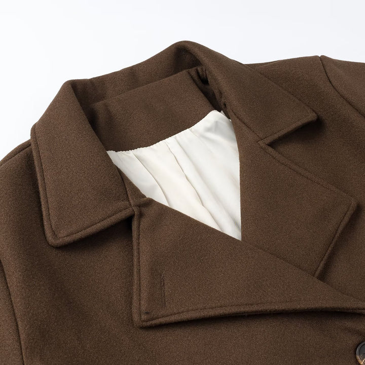 Women Short Double-Breasted Wool Blend Peacoat with Wide Lapels Mune Fashion