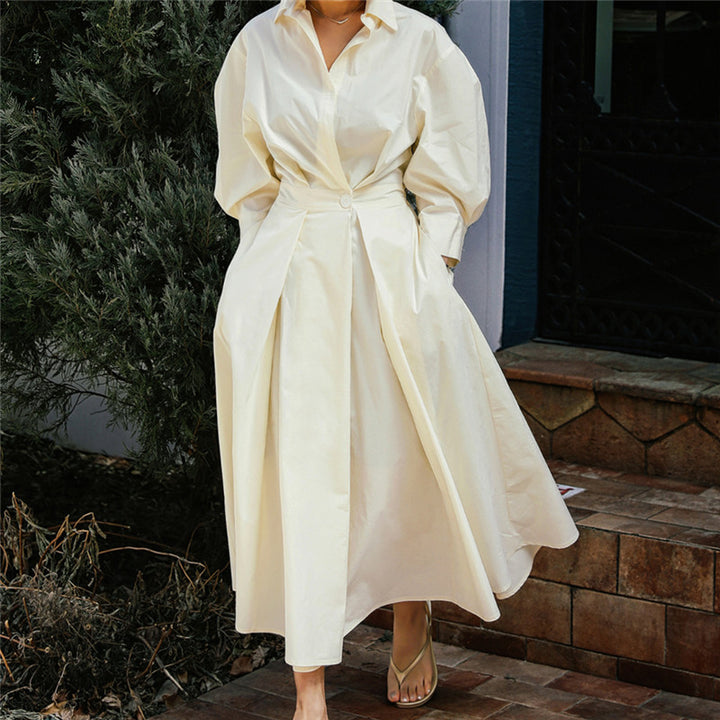 Women's shirt blouse maxi dress with tailored blouson silhouette, bell skirt and concealed side pockets Mune Fashion