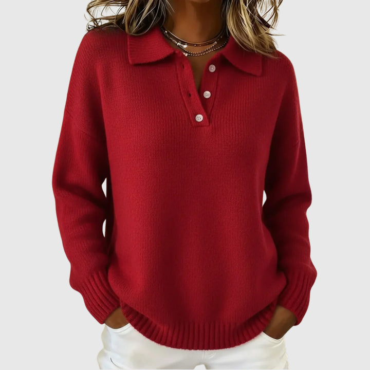 Women's Sporty Knit Sweater with Henley Collar