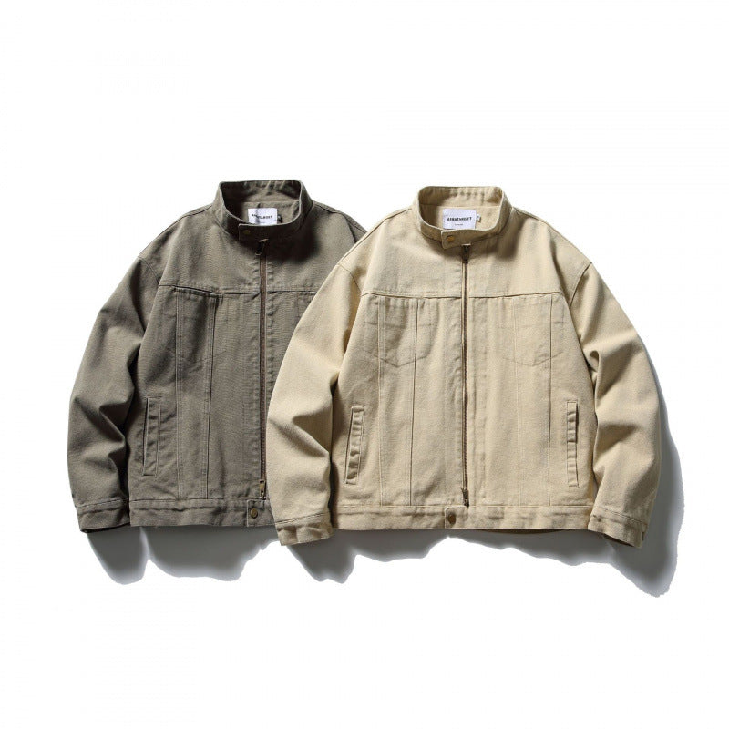 Men's Boxy Canvas Jacket with Stand-Up Collar, Zipper and Seam Panels Mune Fashion