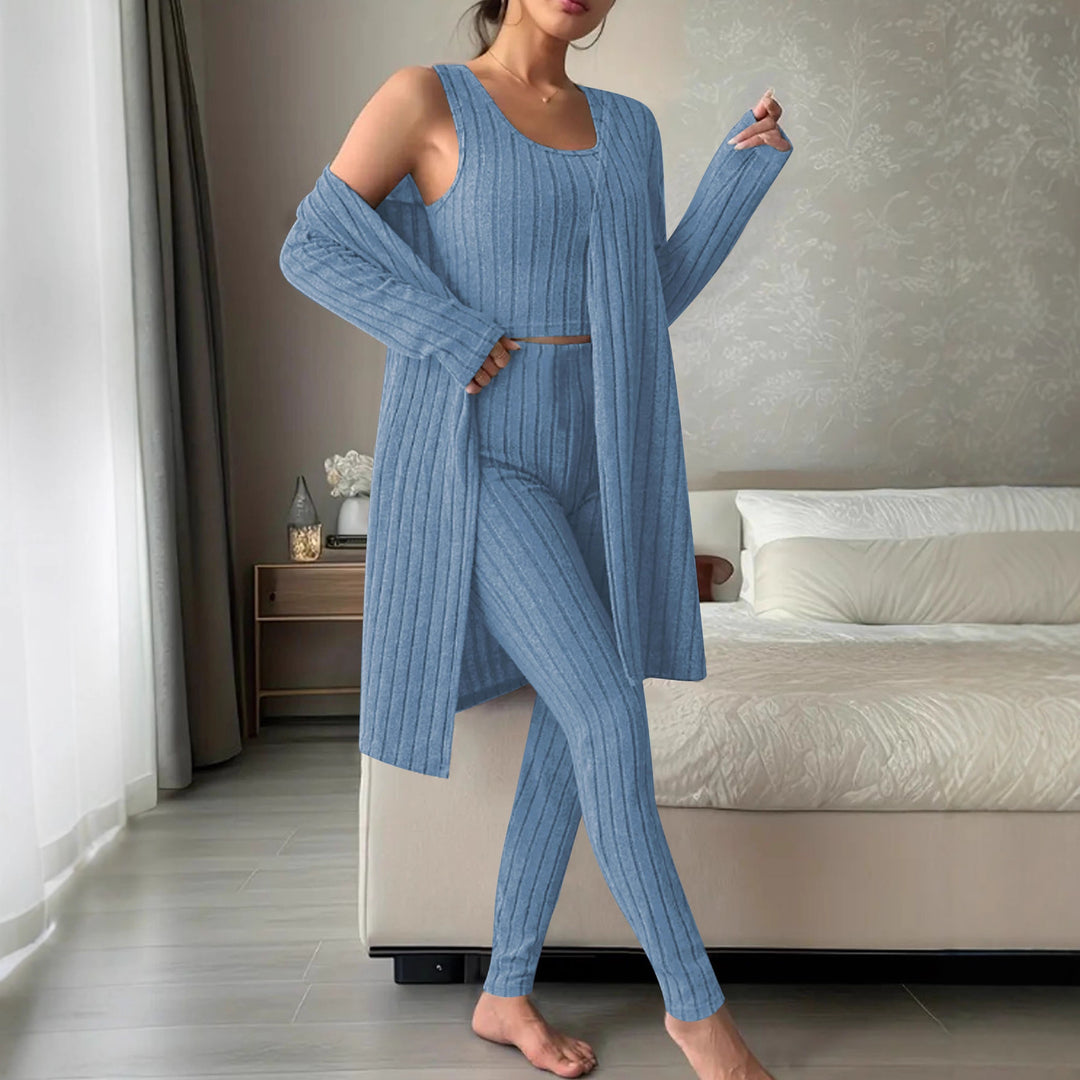 Women's Ribbed Fine Knit Lounge Set with Long Cardigan, Short Top and High-Waisted Leggings Mune Fashion