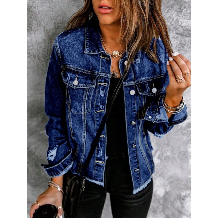 Women Tailored Denim Jacket with Destroyed Accents, Patch Pockets, and Visible Quilted Stitching Mune Fashion