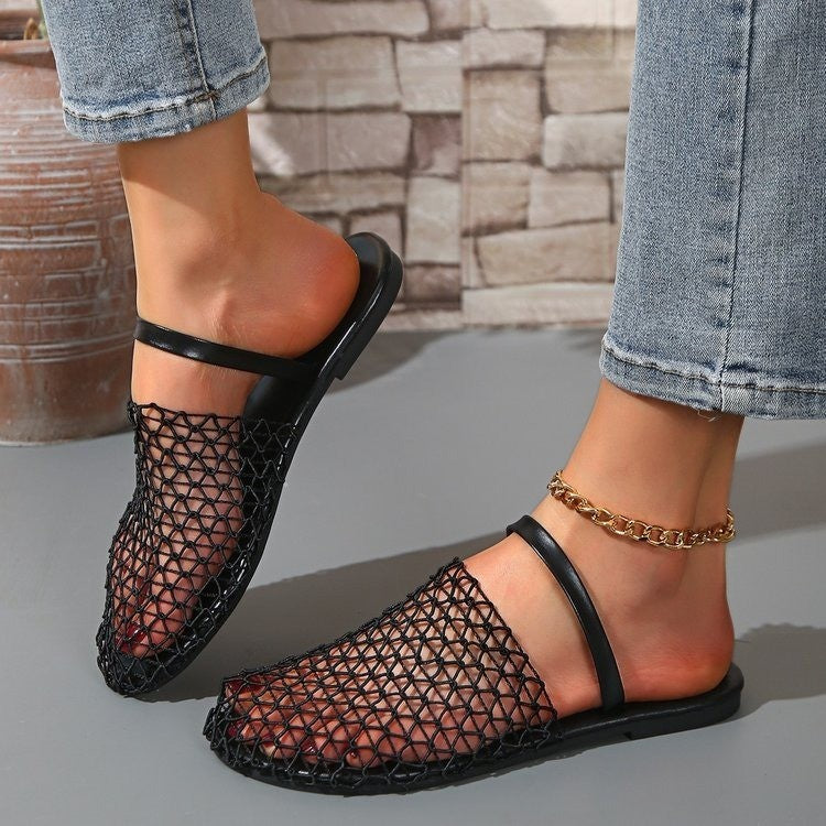 Women woven net mules with slip-on function, open heel and flexible lightweight sole design Mune Fashion