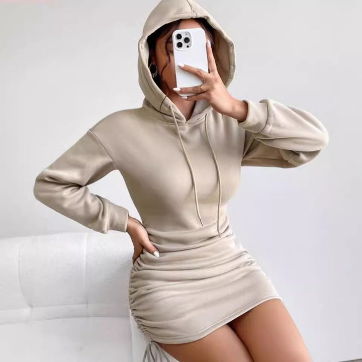 Women’s hoodie dress in sweatshirt style with gathered mini skirt and drawstrings Mune Fashion