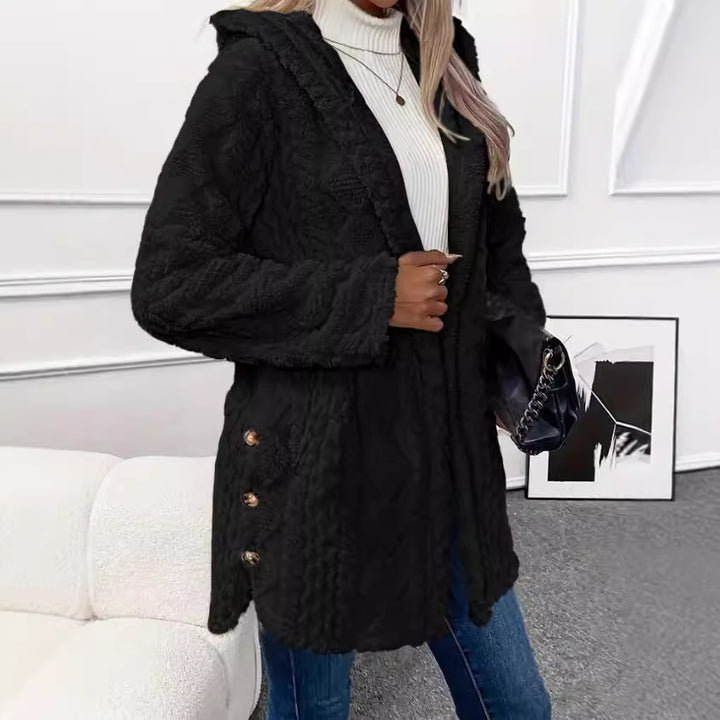 Women's hooded teddy coat with cable pattern, decorative buttons and warm fleece lining Mune Fashion