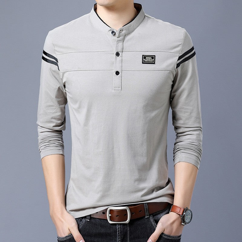 Men's Slim-Fit Long Sleeve Henley with Stand Collar and Shoulder Stripes Mune Fashion
