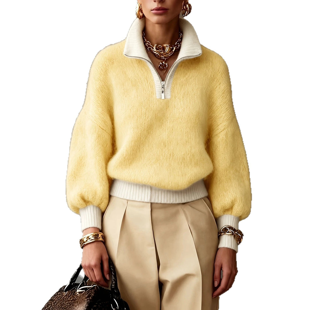Women's Fluffy Sweater with Half Zipper, Stand Collar and Balloon Sleeves Mune Fashion