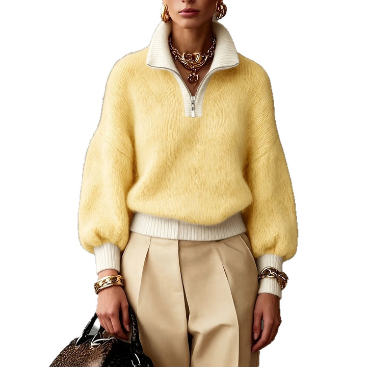 Women's Fluffy Sweater with Half Zipper, Stand Collar and Balloon Sleeves Mune Fashion