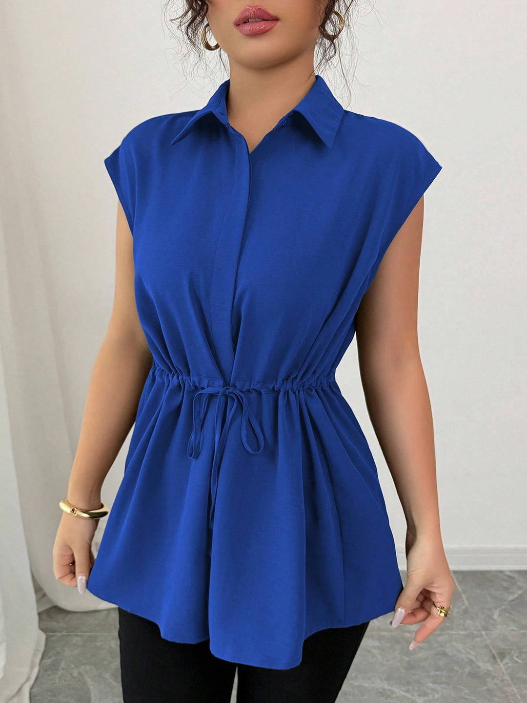 Women's Sleeveless Shirt Blouse Tunic with Drawstring Waistband Mune Fashion