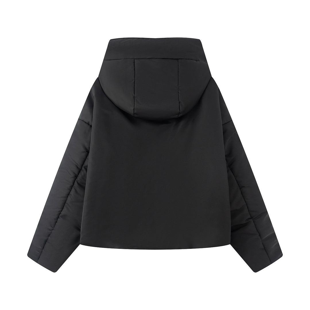Women's short cut quilted jacket with high stand collar, wide funnel hood, and water-repellent surface Mune Fashion
